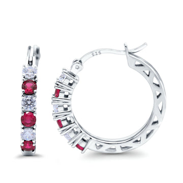 Half Eternity Huggie Hoop Earrings Round Simulated Ruby Cubic Zirconia 925 Sterling Silver (21mm)
